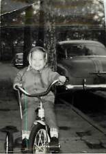 Little Girl On Tricycle Photograph Photo old Cars 2x3 1950s 10/1/56 picture