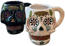 Pair Day of Dead Cinco de Mayo Sugar Skull 3D Mug Bone Handle Black/White picture