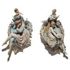 Antique Meissen School Porcelain Figural Plaques with Courting Couple C1920 picture