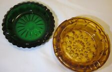 Two Vintage Heavy Patterned Glass Emerald Green and Amber Ashtrays picture