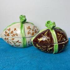 2x Vintage Ceramic Egg Trinket Dishes with bow Handpainted Italy etched bottom picture