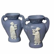 Mini Blue White Bud Vases With Woman On front Made In Occupied Japan 2pc set picture