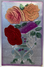 Birthday Greetings, Red & Orange Silk Roses, Vase, Silver Background, Postcard picture