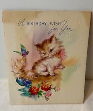 VTG 1949 Forget-Me-Not Embossed Birthday Card Kitty Cat Pretty Butterfly Flowers picture
