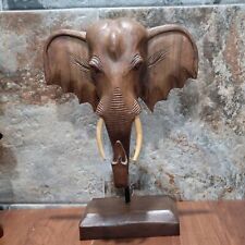 Large Hand Carved Wooden Head Elephant Sculpture Wood Base picture