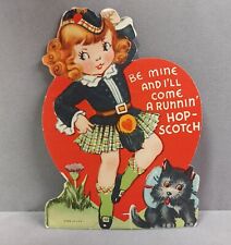 Vintage Die Cut Valentines Card 1930s-40s Scottish Girl Dancing With Puppy Used  picture