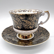 Vintage Elizabethan Sovereign Black Gold Footed Tea Cup & Saucer Set England picture
