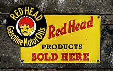 RED HEAD Gasoline-Motor Oils “SOLD HERE” Porcelain Vintage Sign, 7” x 12” picture