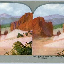 c1900s Colorado Springs Pikes Peak Garden of Gods Litho Photo Stereo Card V8 picture
