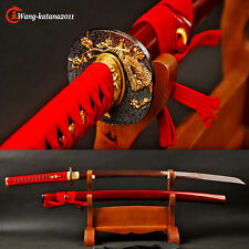 40''Red Damascus Folded Steel Katana Battle Ready Japanese Samurai Sharp Sword picture