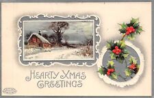 BB London Christmas~Ornate Frame Around Country Barn~Sunset~White Silver Emboss picture