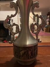 vintage pewter vase with adventure etchings picture