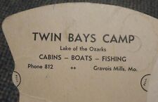 c1940s Gravois Mills Missouri Ozarks Twin Bays Camp cabins boats fishing ad fan picture