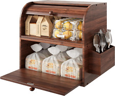Bamboo Bread Box for Kitchen Counter Dobule Layer Roll Top Bread Storage Contain picture