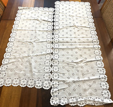 Vintage Broderie Anglaise Table Runner Dresser Scarf Lot of 2 White Eyelet Lace picture