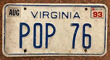 Vtg Virginia DMV Issued License Plate Tag Va Personalized Vanity Man Cave Pop 76 picture