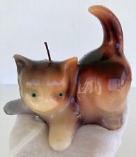 Candle Cat with Glass Eyes Handcrafted Carve Kitten Hand Made Wax Vintage 70s picture