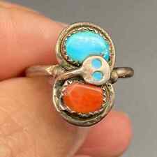 Vintage Zuni Effie Calavaza Turquoise Coral Snake Silver Ring Size 8.25 picture