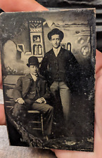 Late 1800s tintype photograph dapper young men nice primitive painted background picture