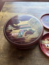 Vintage Lacquerware 7 Coaster Set Sake Red Gold With Inlay picture