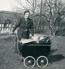 N580 Vtg Photo MOTHER WITH BABY IN CARRIAGE STROLLER c Mid Century picture