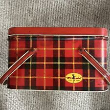 Vintage Red Scottish Plaid Hoot Mon Tin Picnic Basket Made In USA Cheinco picture