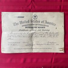 1927 Certificate Of First Aid Training United States Bureau Of Mines Rescue picture