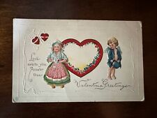 Vintage Valentine Postcard Red Heart Embossed Boy Angel And Girl H51 picture