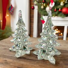 Lot of 2 Vintage Iridescent Silvestri Clear Art Glass Christmas Trees 6” Tall picture