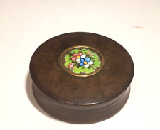 Antique French Round Faux Tortoise Shell Box w Green Enamel Floral Inset picture
