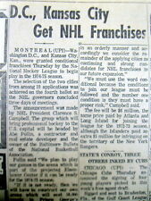 1972 newspaper THE WASHINGTON CAPITALS awarded new NHL ICE HOCKEY FRANCHISE picture