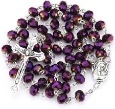Deep Purple Crystal Beads Rosary Necklace Catholic Holy Soil And Cross Crucifix picture