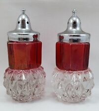 Vintage Indiana Glass Cranberry Red Kings Crown Diamond Point Salt Pepper Shaker picture