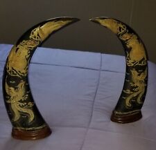 Vintage Chineese Water Buffalo Horn pair with Carved Dragons And Birds Wood Base picture
