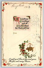 Vintage Postcard Christmas Embossed Gold Good Luck Pig Raphael Tuck ~10382 picture