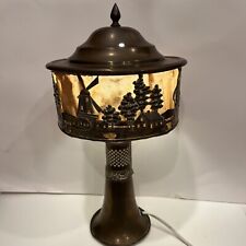 ANTIQUE BRASS LAMP WITH WINDMILLS, TREES, HOMES OOAK FABRIC SHADE 16” Tall picture