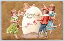 Victorian Easter~Children Dance Around Exaggerated Egg~Pink Ribbon~Gold Back picture