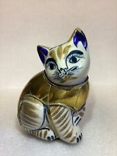Tonala Mexican Pottery Cat With Over Cast Of Brass Art Signed 4 3/4 X 3 1/4 X 2 picture