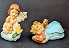 2 Small Angels Vintage Hand Painted Figurines One Sleeping One Sitting  picture