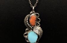 Cayatineto Navajo Sterling Silver Coral & Turquoise Pendant Necklace- 4.85g picture
