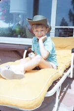 1972 Boy Sitting on Patio Chair Lounger Outside Vintage 35mm Slide picture