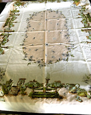 Vintage 50s Tablecloth 64x48 Fruit, Scales, Candles, Teapot Farmhouse Country picture