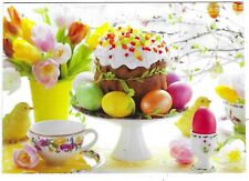 Russia Chrome Postcard Easter Treats Cake Eggs Tulips Teacups Postmarked 2021 picture