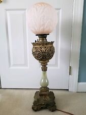 Antique Victorian Banquet Oil Lamp, Brass Ornate, Marble Base, GLass Globe, 1870 picture