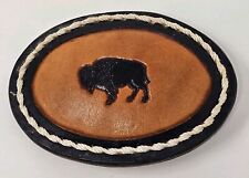 Vintage Bison Buffalo Leather Belt Buckle Handmade & Tooled Western Adult Mens picture