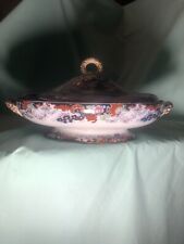 Corey Hill Ridgeway 1800’s Flow Blue Polychrome Vegetable ￼Dish with Cover 13x8” picture