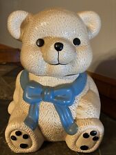 Vintage Theodore Teddy Bear Cookie Jar Blue Ribbon Bow Lid Light Brown Canister picture
