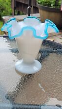 Fenton Vase Vintage Blue Crest White Glass Ruffled Edge Footed Small Vase  picture