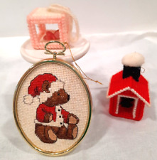 Vintage Mini Needlepoint Christmas Ornaments Lot Of 3 Handmade Cross-stitch Baby picture
