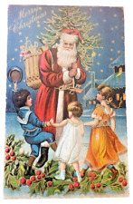 Old World Santa Claus 1900s Golden Wicker Bag of Toys Holding Christmas Tree picture